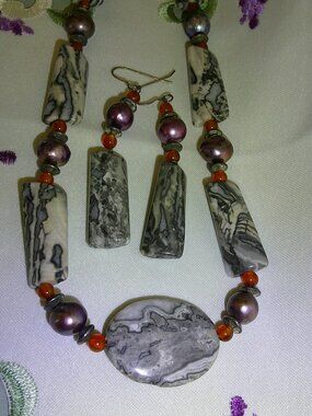 Crazy Lace Agate (?) Jasper (?) Necklace & Earrings Set Unworn Gorgeous